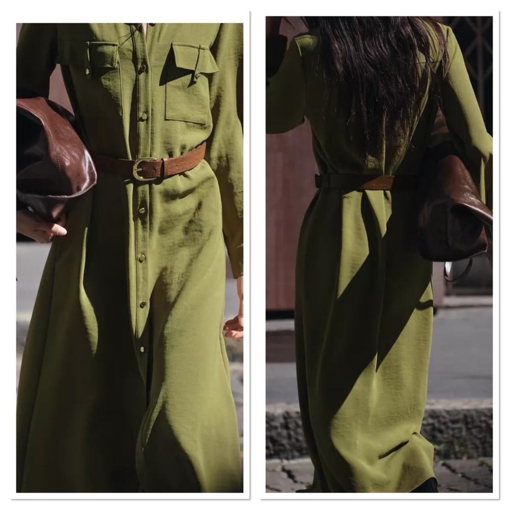 Zara New Khaki Midi Shirt Dress w/Belt Sz XS NWT
